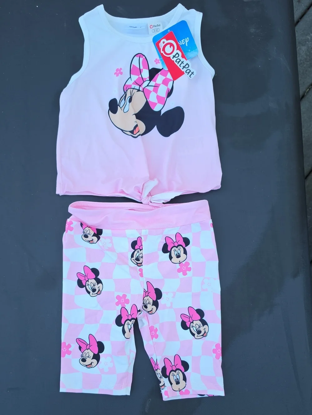 PatPat Pink Minnie Mouse Tie-Front Tank & Check Shorts Set